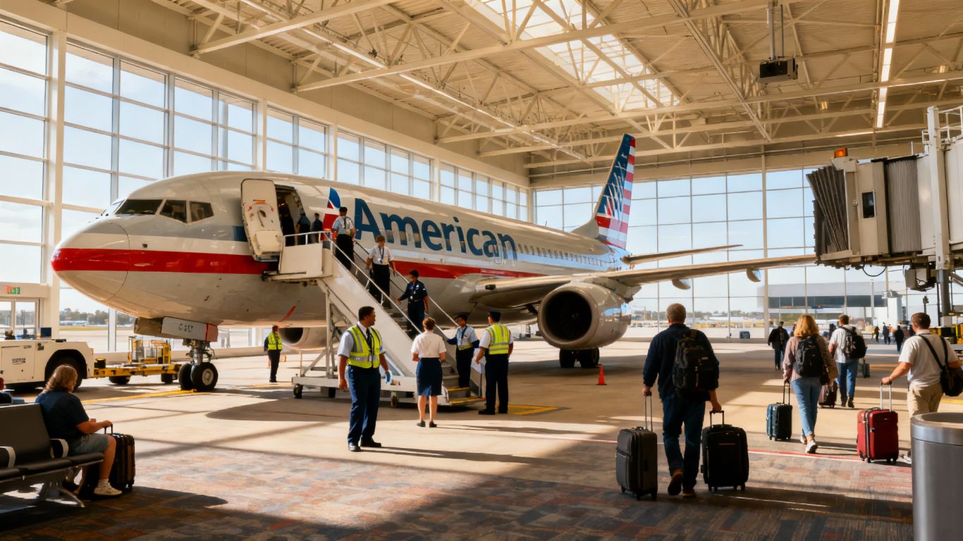 American Airlines jet boarding passengers at a busy terminal