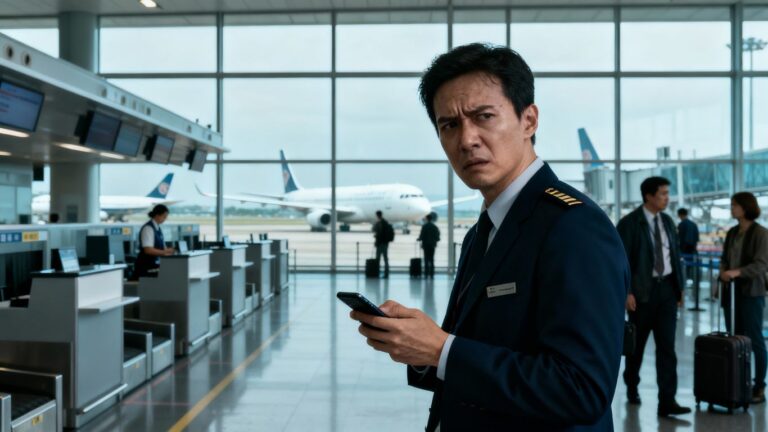 Empty airport counters with airplanes outside and worried travelers