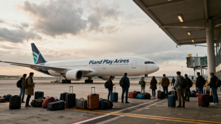 Stranded passengers near Play Airlines plane at airport