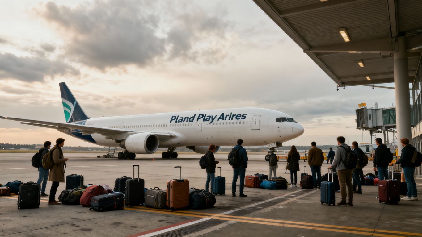 Stranded passengers near Play Airlines plane at airport