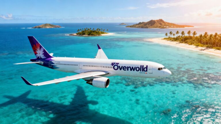 Hawaiian Airlines plane with Oneworld logo over islands