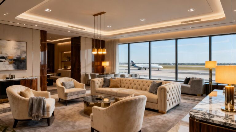 Luxurious British Airways lounge interior with elegant seating