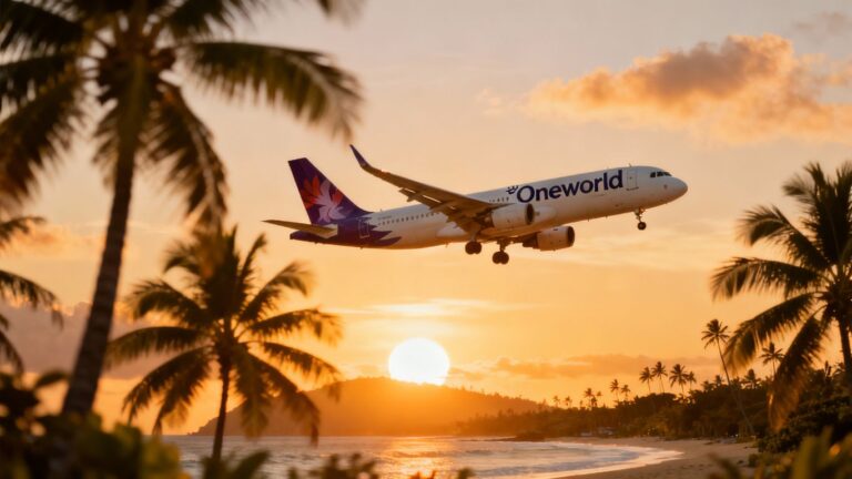 Hawaiian Airlines plane with Oneworld logo over island.