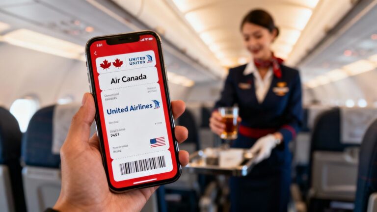 Smartphone with airline boarding pass and in-flight drink.