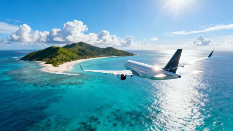 Airplane flying over ocean towards tropical island.