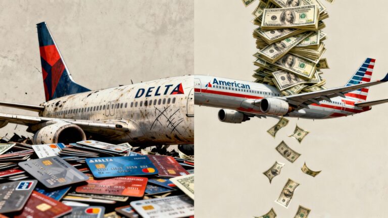 Delta and American Airlines planes with money and credit cards.