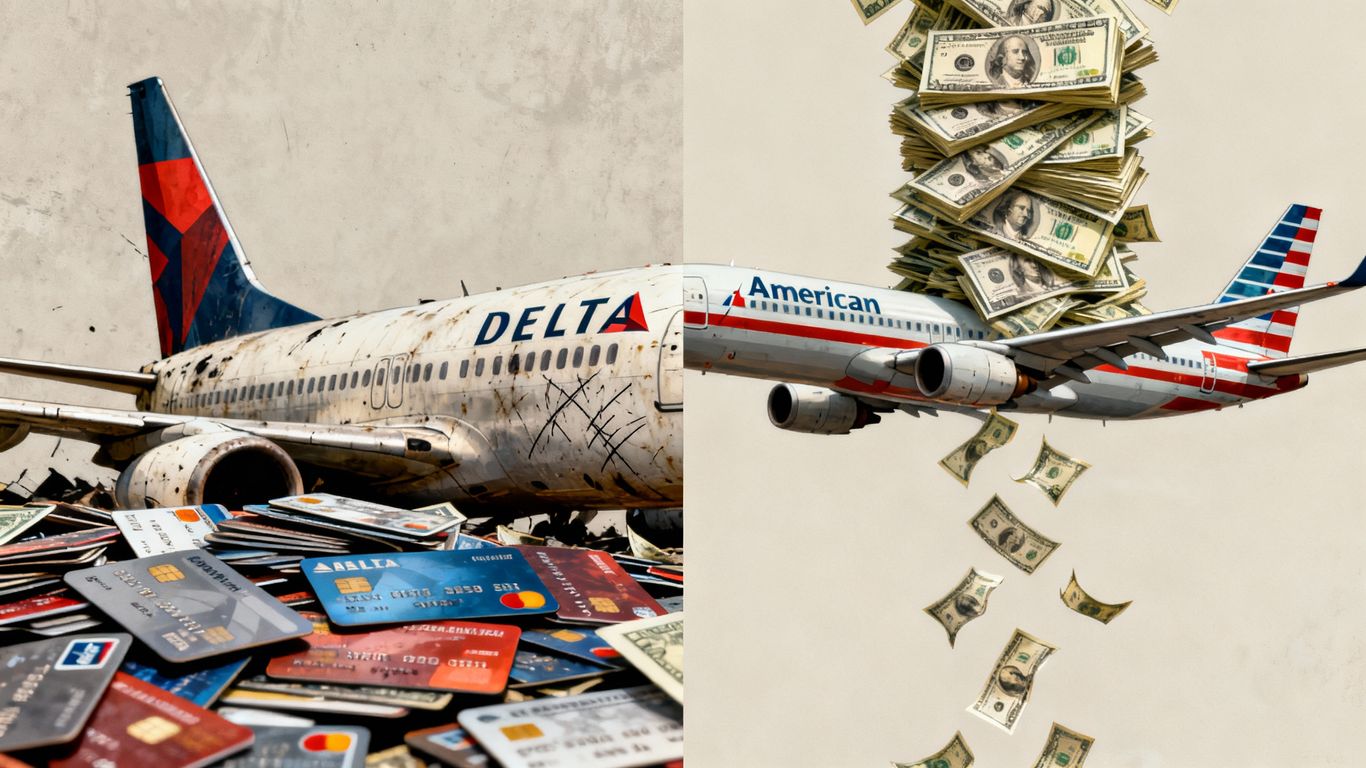 Delta and American Airlines planes with money and credit cards.