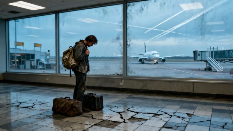 Traveler stranded at airport gate with luggage.