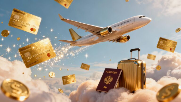 Airplane with credit cards and travel rewards.