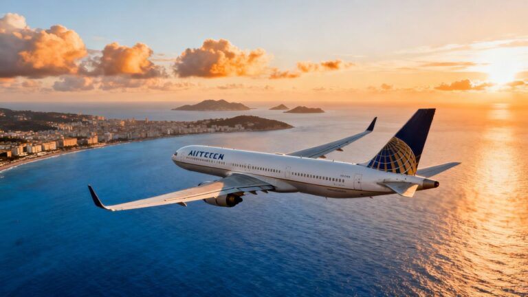 United Airlines plane flying over ocean towards Europe.