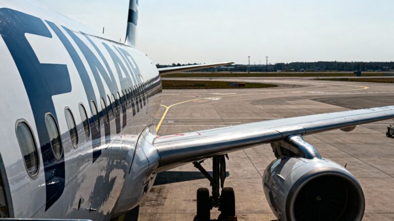 Finnair airplane grounded on tarmac.