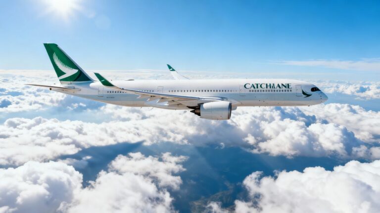 Cathay Pacific airplane flying in a blue sky.