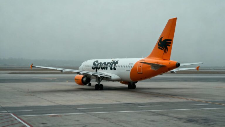 Spirit Airlines plane grounded under gray skies.