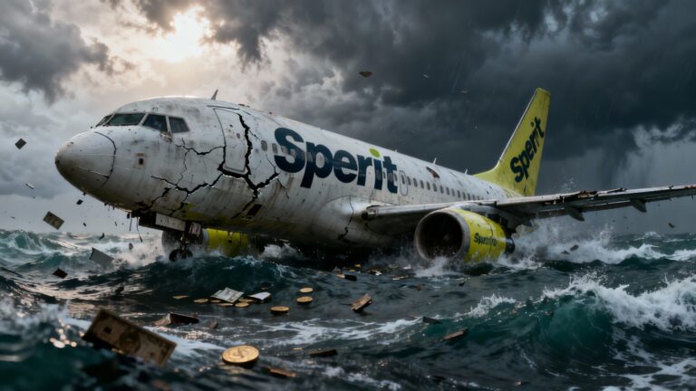 Spirit Airlines plane in stormy seas, symbolizing financial trouble.