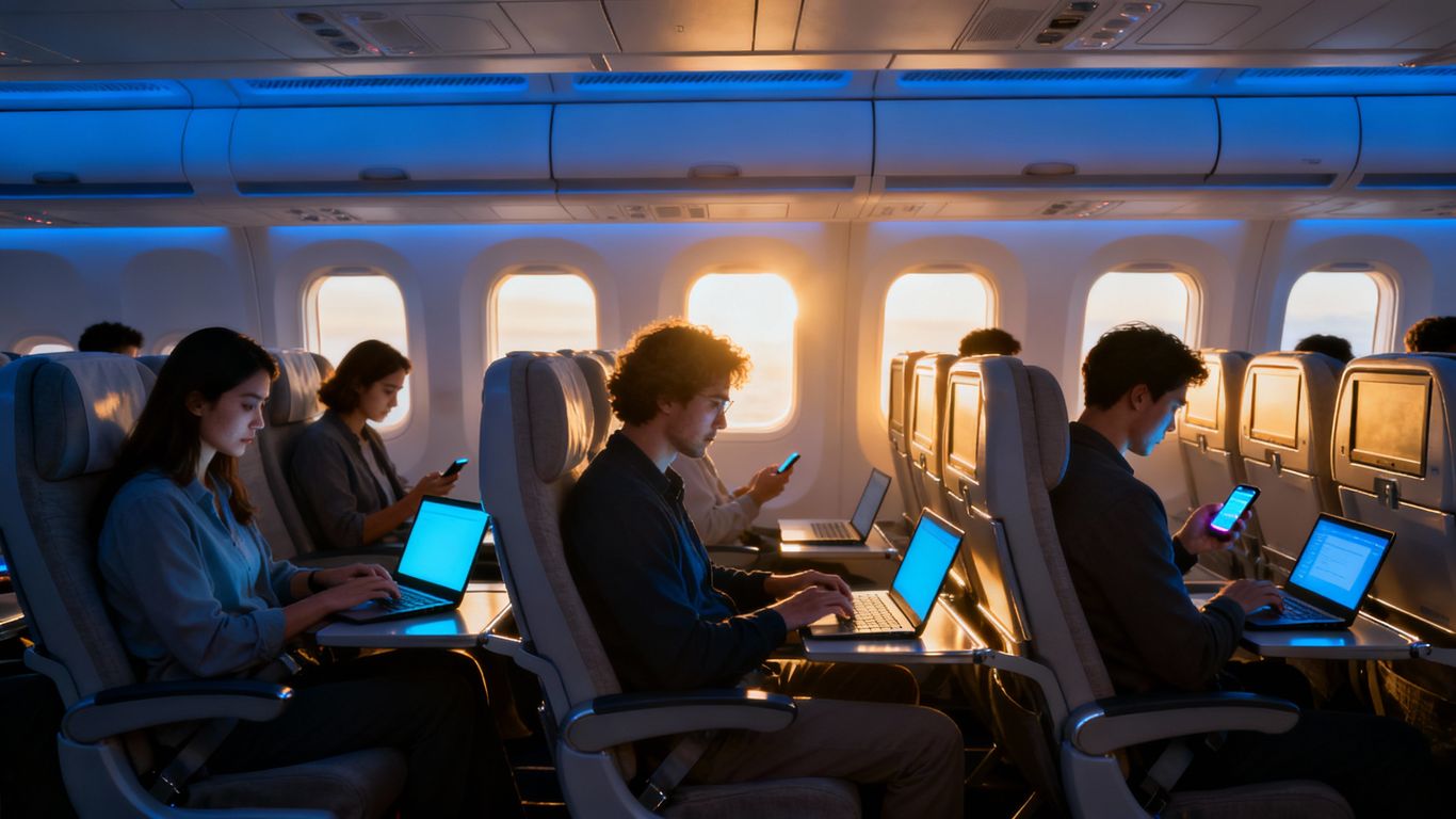 Airplane cabin with passengers using Wi-Fi
