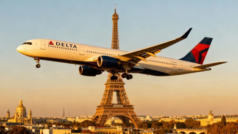 Delta wide-body jet flying over European landmarks.