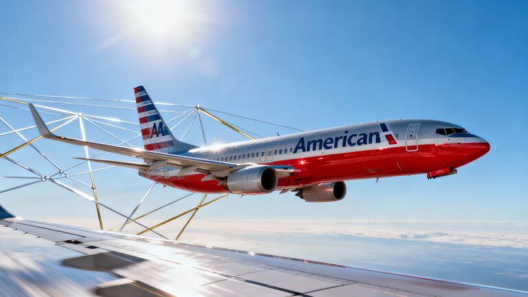 American Airlines plane flying in a blue sky.