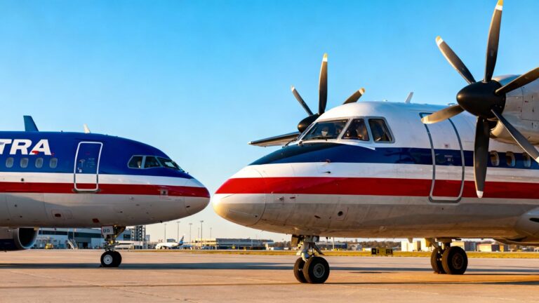 American Airlines and Porter Airlines jets on tarmac.