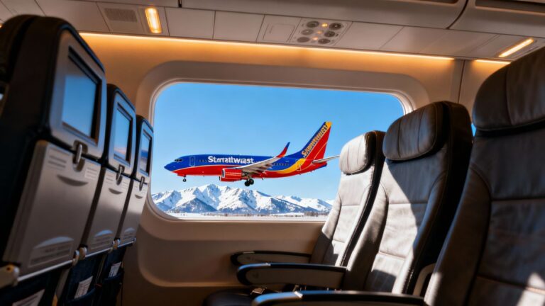 Southwest Airlines plane interior and exterior with Anchorage mountains.