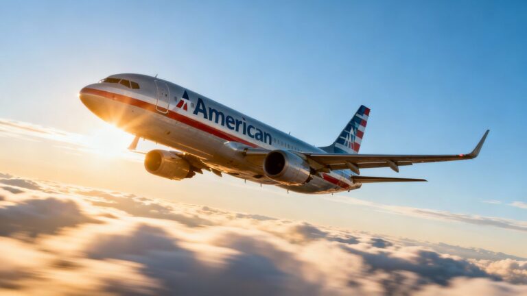 American Airlines airplane flying in a blue sky.