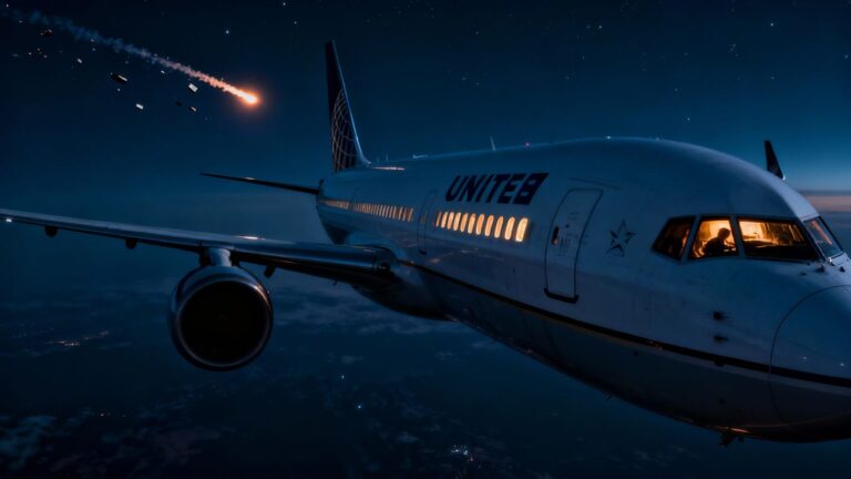 United Airlines plane flying near space debris.