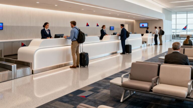 Delta Air Lines premium check-in area at an airport.