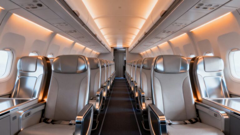 Modern airplane cabin interior with new seats and lighting.