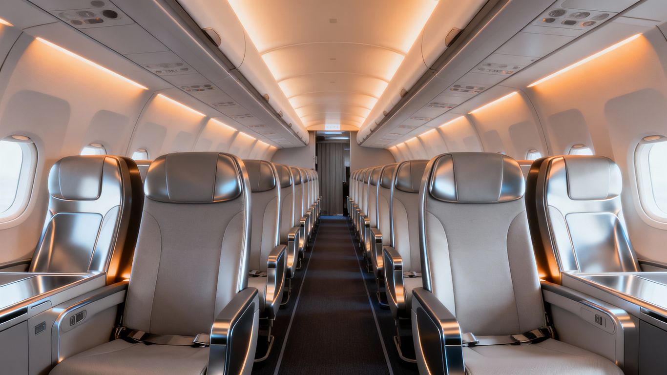 Modern airplane cabin interior with new seats and lighting.