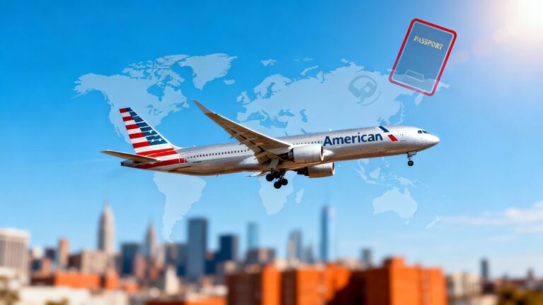 American Airlines plane flying over a city.