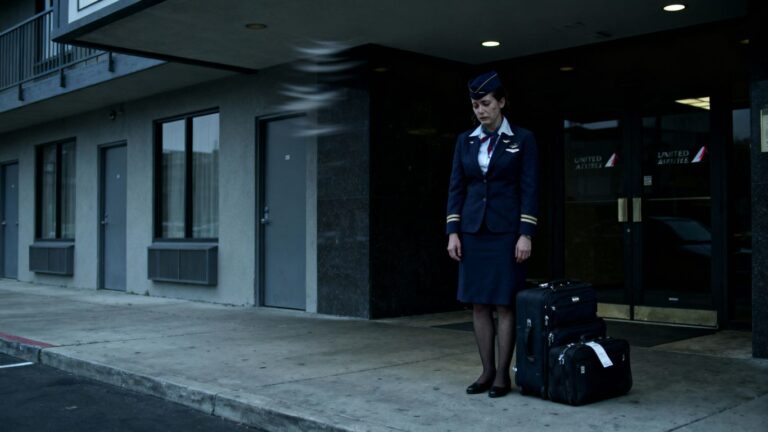 Flight attendant outside unwelcoming hotel with luggage.