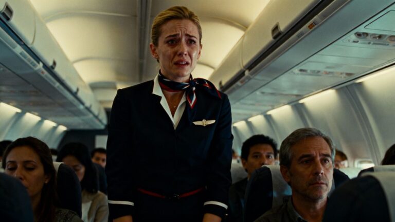 Flight attendant in tense situation inside airplane cabin.