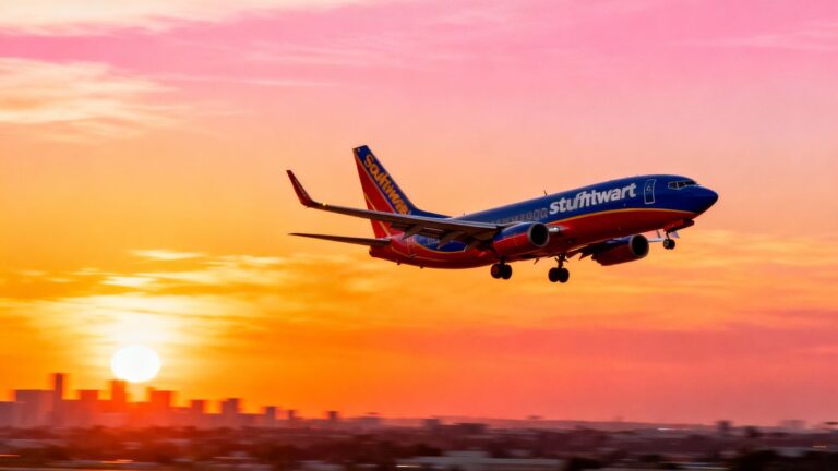 Southwest Airlines plane flying during sunset.