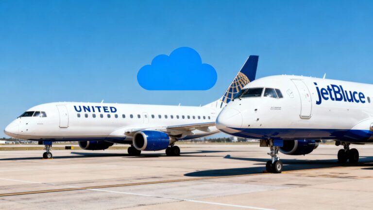 United and JetBlue airplanes together on tarmac.