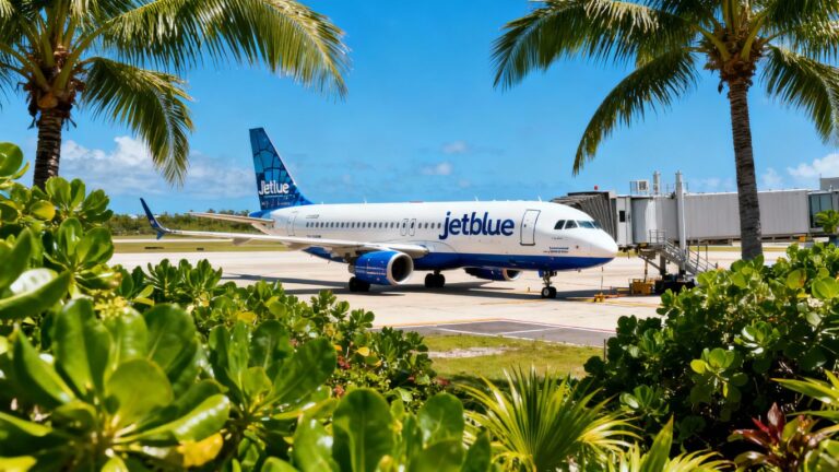 JetBlue plane at a Caribbean airport with palm trees.