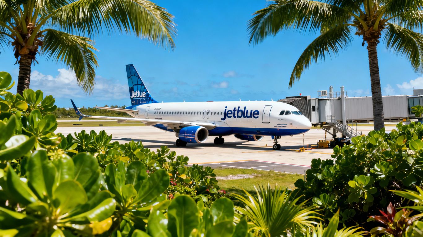 JetBlue plane at a Caribbean airport with palm trees.