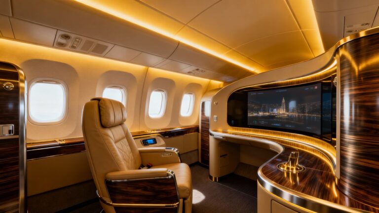 Luxurious airplane suite with plush seating and entertainment screen.