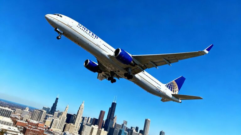 United Airlines plane flying over Chicago skyline.