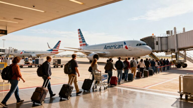 Travelers with bags boarding American Airlines at airport gate