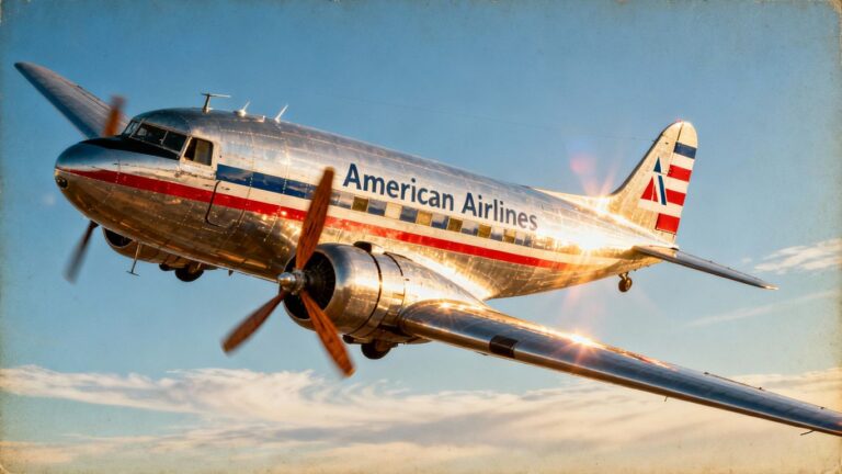 Vintage 1930s American Airlines plane in flight.