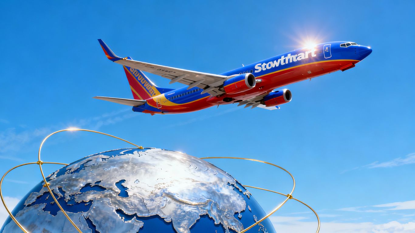 Southwest Airlines plane flying over a globe.