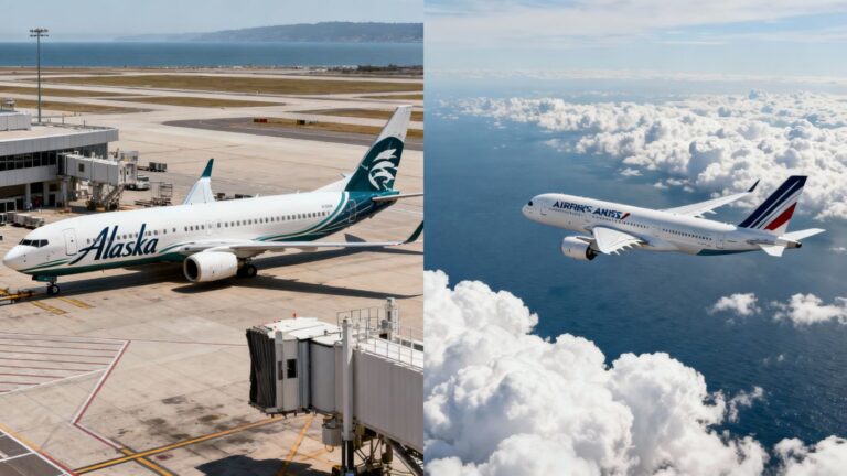 Alaska Airlines jet and Air France jet in flight.