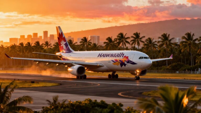 Hawaiian Airlines plane taxiing with palm trees sunset