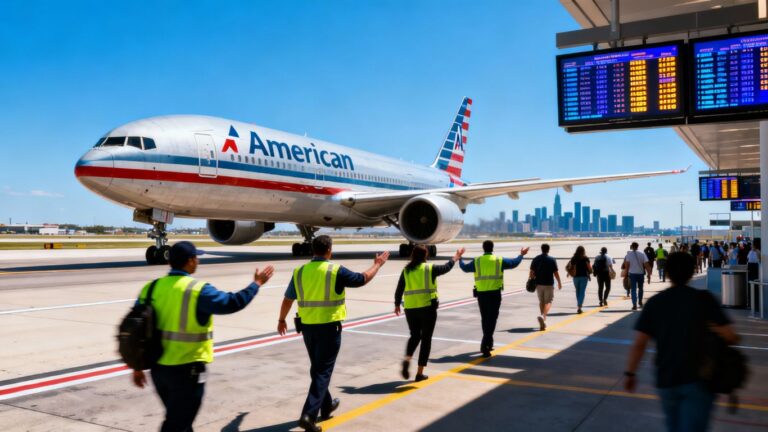 American Airlines plane with crew and passengers boarding